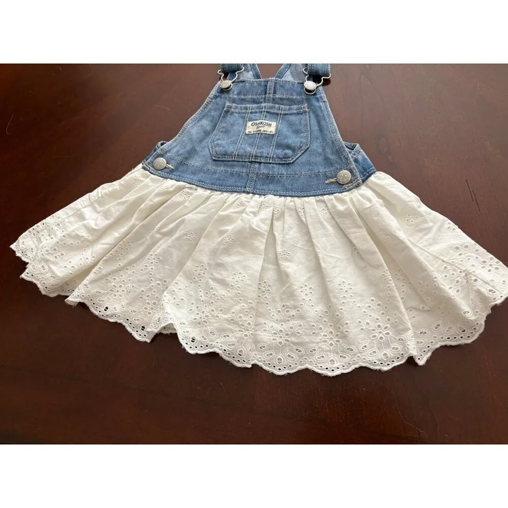 OshKosh B’gosh Denim Pinafore Eyelet Dress Toddler 2T Blue White